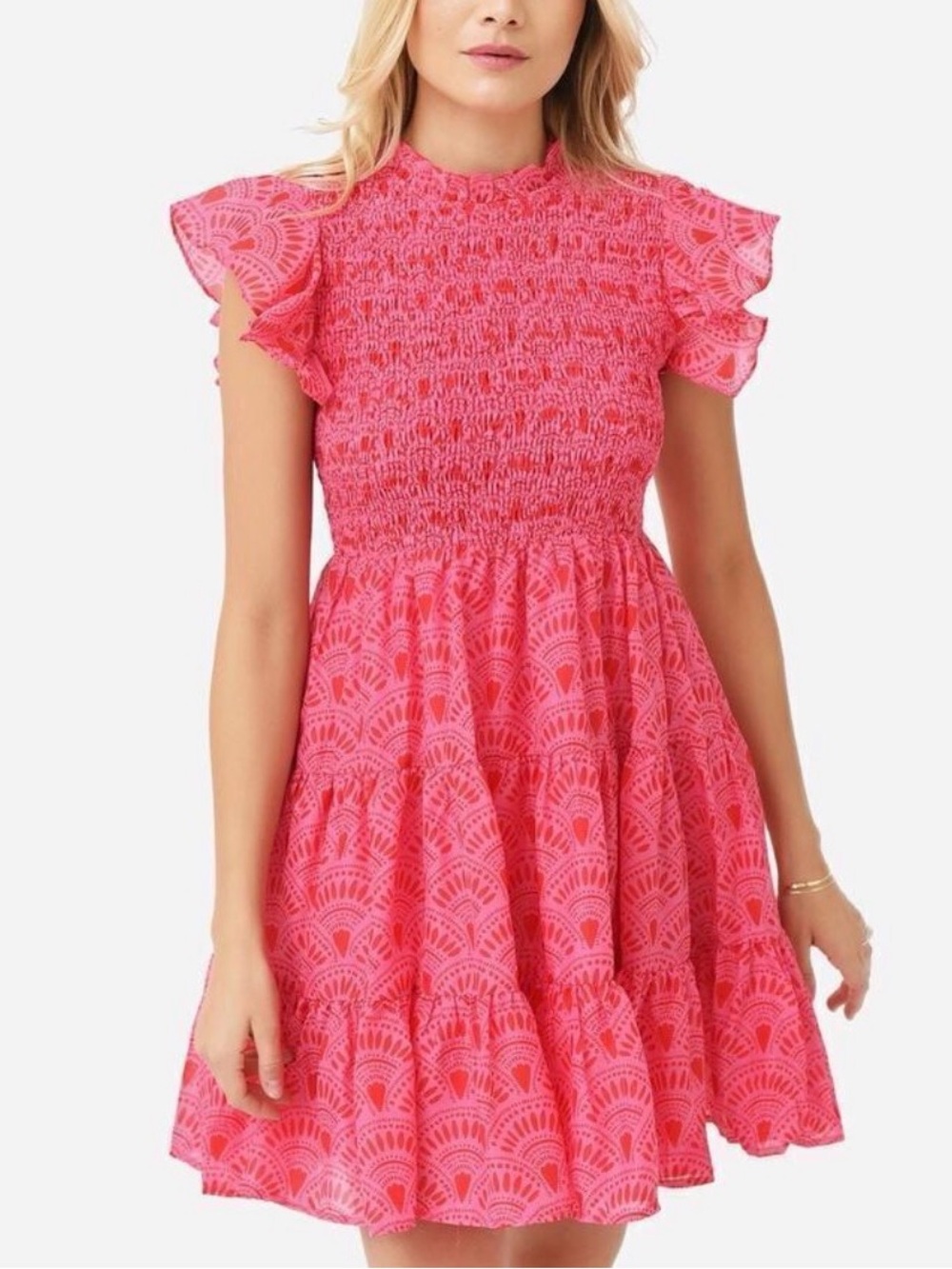 J Marie Ella Smocked Ruched Tiered Dress Pink Pockets